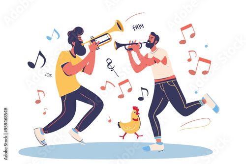 Jovial Jazz Musicians Performing with a Chicken and Music Notes