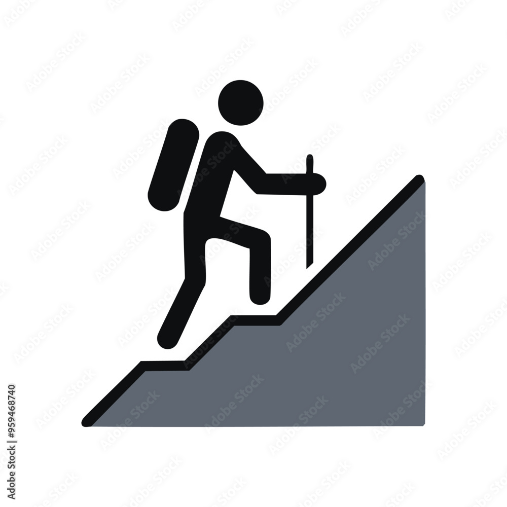 Hiking upwards. Person climbing uphill with a backpack and walking stick. Symbolic of challenges and overcoming obstacles. Hiking upwards. Person climbing uphill with a backpack and walking stick. Symbolic of challenges and overcoming obstacles.