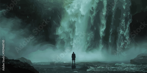 Lone figure standing in front of a waterfall