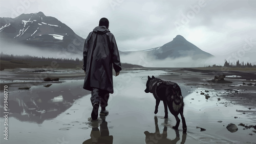 Lone walker and wolf companion in a misty mountain landscape