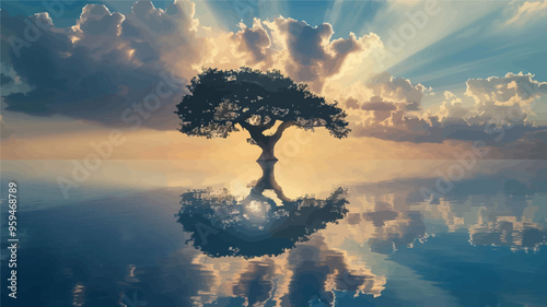 Lone Tree Silhouette Against Sunset Sky Reflection