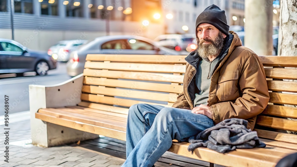 Homeless Man Sitting on Bench in the City. Homeless Man Sitting on Bench in the City.