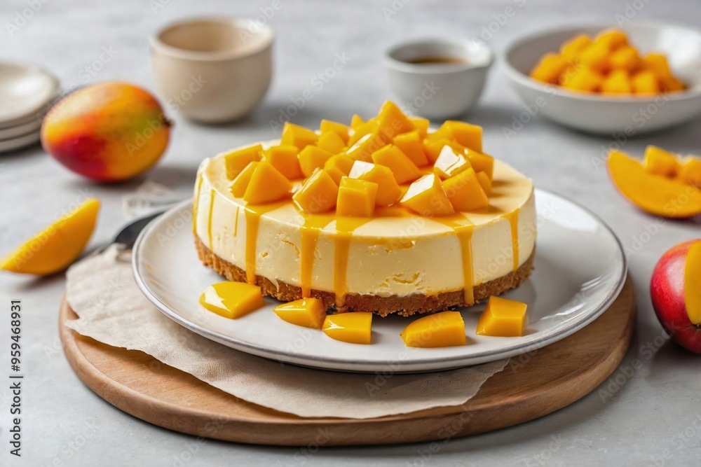 Mango Cheesecake: Overhead view of a slice of mango cheesecake on a plain white plate, with a glossy mango glaze on top and a few fresh mango slices placed beside it. Mango Cheesecake: Overhead view of a slice of mango cheesecake on a plain white plate, with a glossy mango glaze on top and a few fresh mango slices placed beside it.
