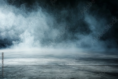 A dark, moody background with a concrete floor and a thick layer of fog.