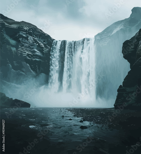 Misty waterfall cascade in a rugged landscape