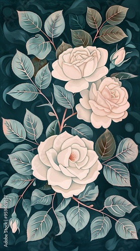 Wallpaper Mural White flowers and green leaves illustration poster background Torontodigital.ca