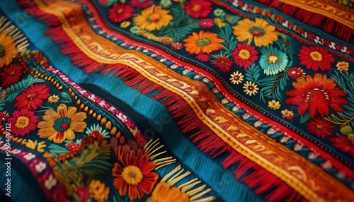 A vibrant fabric with intricate floral embroidery