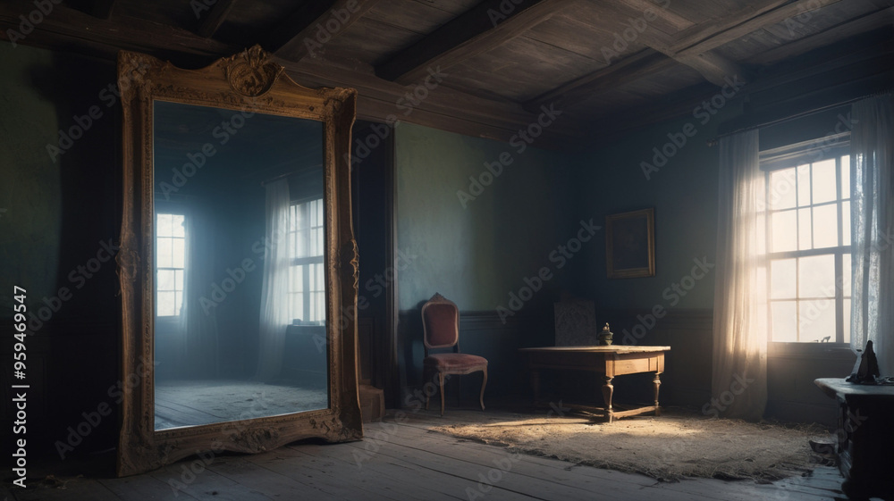 In a dusty, forgotten attic filled with old trunks and cobweb-covered rafters, a haunted mirror rests against a stack of antique furniture. The mirror’s glass is cloudy and streaked, In a dusty, forgotten attic filled with old trunks and cobweb-covered rafters, a haunted mirror rests against a stack of antique furniture. The mirror’s glass is cloudy and streaked,