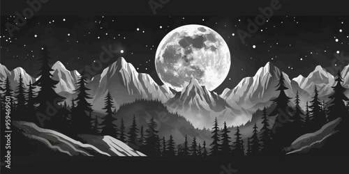 Moonlit Mountainscape with Silhouetted Pine Trees