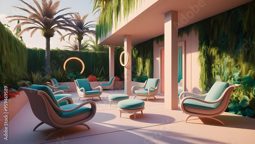 A serene backyard with plush armchairs, spaciously arranged in a minimal terraced courtyard surrounded by lush greenery, including slender palm trees on sofas, chairs, and tables.