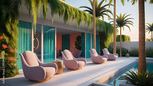 A serene backyard with plush armchairs, spaciously arranged in a minimal terraced courtyard surrounded by lush greenery, including slender palm trees on sofas, chairs, and tables.