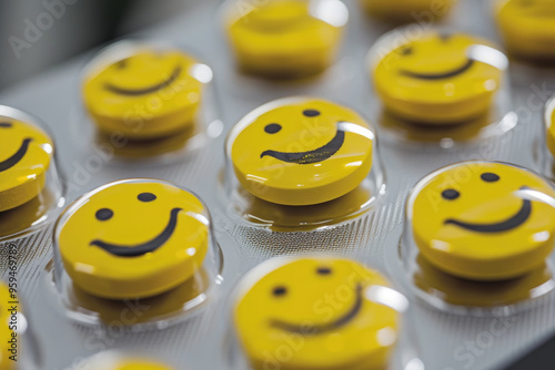 Close-up of a blister pack containing yellow smiley face pills, symbolizing happiness, mood support, or antidepressants.