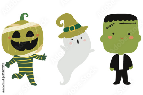 Halloween cute spooky charater costumes vector - vampire, ghost, witch, pumpkins, frankenstein