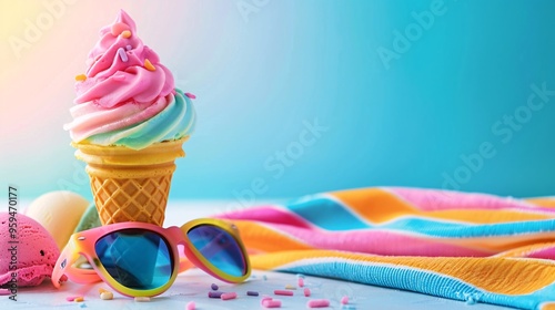 07250736 146. A vibrant and cheerful summer wallpaper featuring a colorful ice cream cone, stylish sunglasses, and a striped beach towel, all arranged against a sunny background, with ample copy