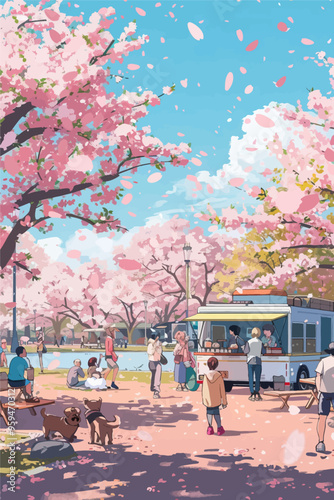 Peaceful Spring Day at a Park with Cherry Blossoms and a Food Truck