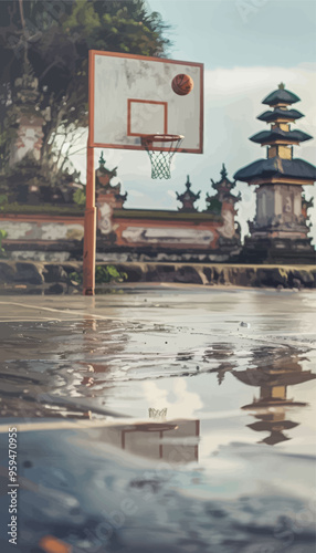 Reflection of basketball hoop in flooded area, with traditional temple in background