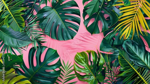 Fototapeta Naklejka Na Ścianę i Meble -  07250736 164. An eye-catching tropical wallpaper design featuring an array of abstract foliage including palm leaves, monstera, and other jungle plants; the bright pink background adds a vibrant