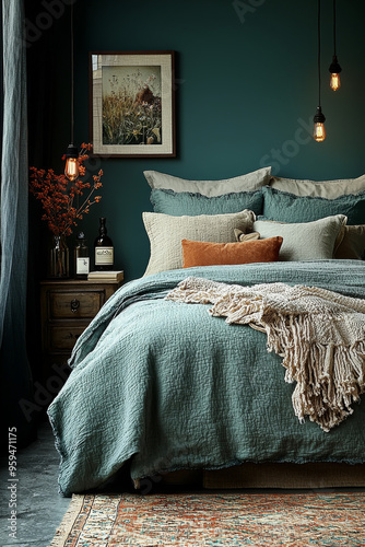 A cozy bedroom with a teal green duvet,  warm throw blanket and a  vintage rug.