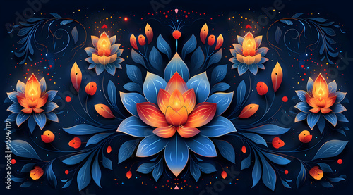 Blue and Orange Floral Illustration with a Dark Background