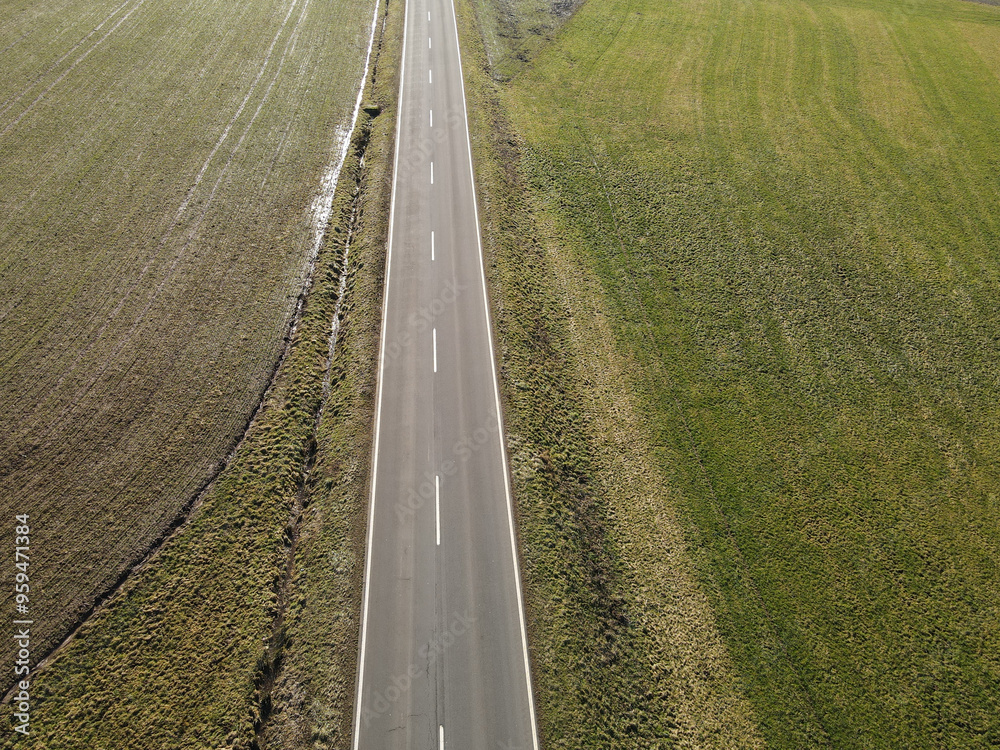 Aerial view of a road in the countryside in spring Aerial view of a road in the countryside in spring