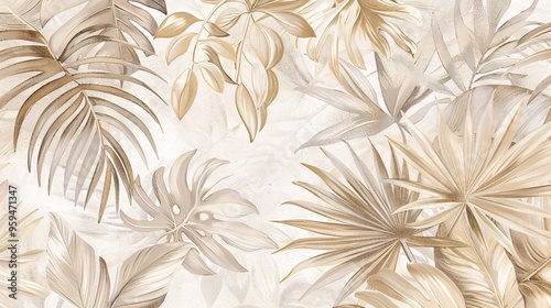 07250736 168. An elegant tropical wallpaper pattern with an assortment of palm and monstera leaves in various shades of neutral colors, including off-white, light brown, and pale grey; the delicate