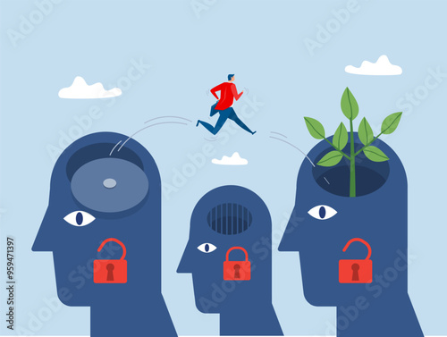Businessman improve or develop ideas with jumping from move on different fixed mindset to a growth mindset on the head human concept vector 