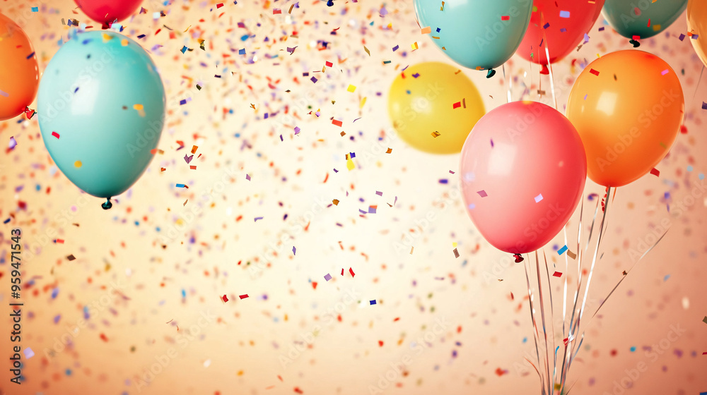 This image captures the essence of a birthday celebration, with an explosion of bright, multicolored balloons floating against a backdrop of shimmering streamers. Confetti rains down, creating a This image captures the essence of a birthday celebration, with an explosion of bright, multicolored balloons floating against a backdrop of shimmering streamers. Confetti rains down, creating a