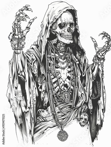 Skeletal figure with hooded cloak and jewelry, reaching out with bony hands, black and white illustration