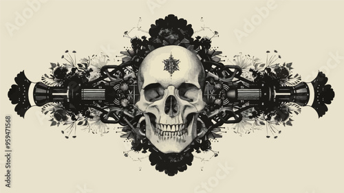 Skull and Flowers: A Black and White Art Print