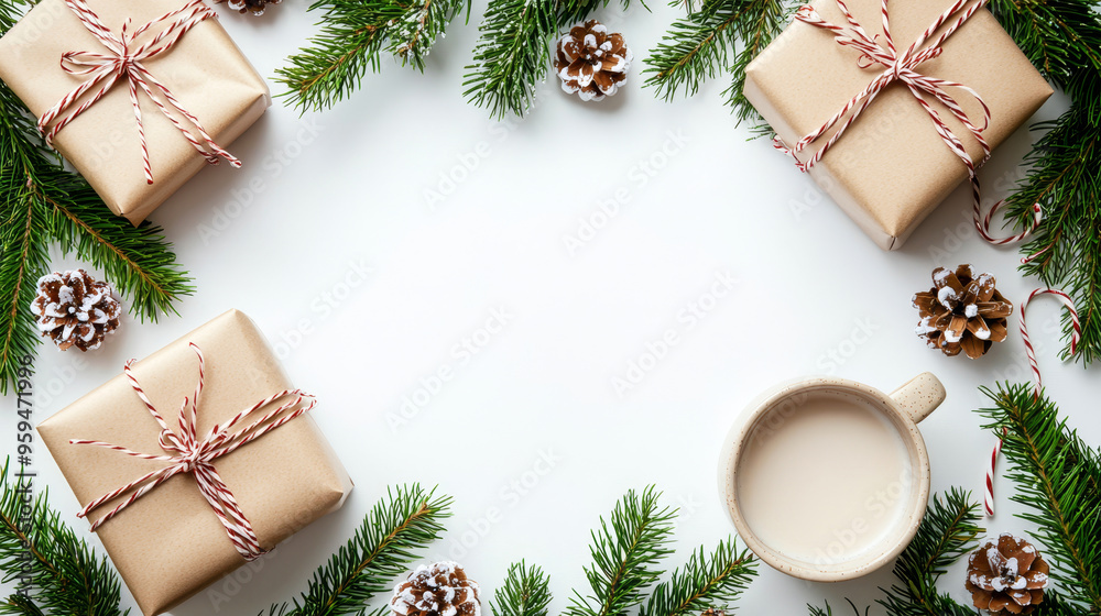 A flat lay of beautifully wrapped Christmas gifts with candy cane twine, surrounded by pine sprigs and pinecones on a white background with a cozy cup of coffee.