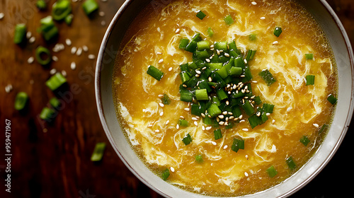 bowl of silky egg drop soup, garnished with chopped scallions and a drizzle of sesame oil photo