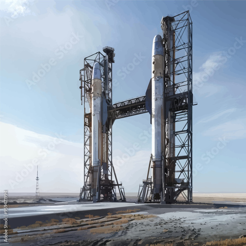 Spacecraft Assembly Facility: Two Rocket Launchers in Desert Landscape