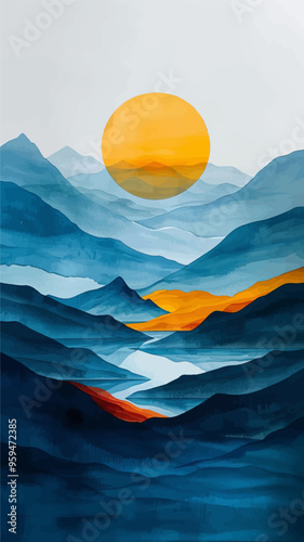 Sunset over a mountainous landscape with a vibrant orange sun