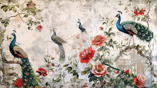 07250736 190. A beautifully crafted hand-drawn and hand-painted vintage-style fine art canvas depicting peacocks and various birds among lush floral arrangements and botanical elements; the colorful