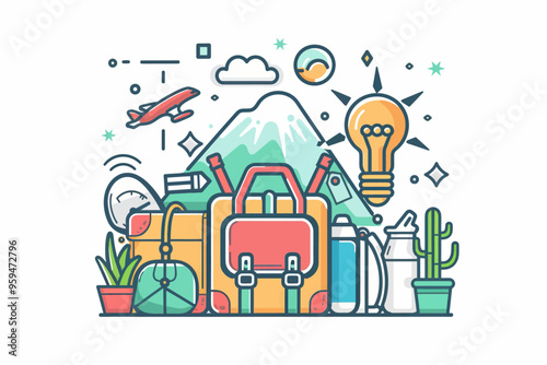 Travel Essentials: Luggage, Suitcase, Backpack, Water Bottle, Cactus, and Airplane