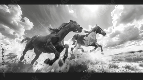 Two horses galloping in a field under a dramatic sky