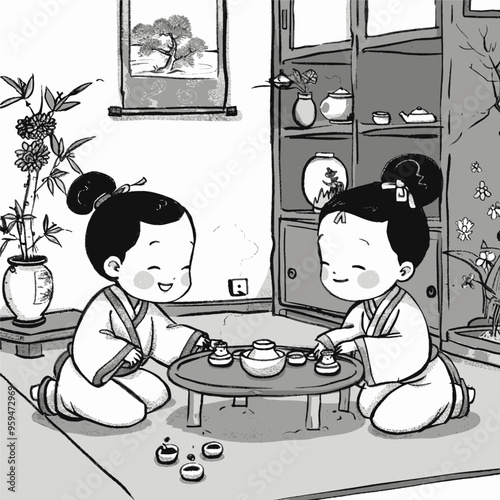 Two Children Sitting at a Tea Ceremony