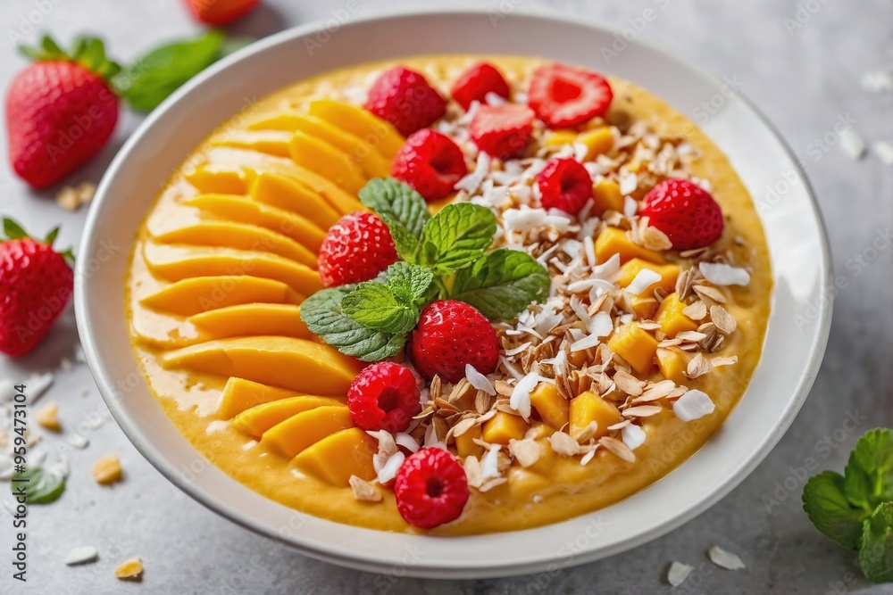 Mango Smoothie Bowl: A mango smoothie bowl with colorful toppings like sliced strawberries, coconut flakes, and a few mint leaves Mango Smoothie Bowl: A mango smoothie bowl with colorful toppings like sliced strawberries, coconut flakes, and a few mint leaves