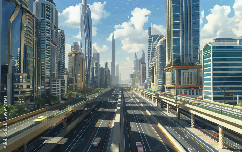 Fototapeta premium Urban Skyline with Highway and Tall Buildings