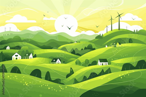 Utopian Eco-Village: Sustainable Living in a Green Hillscape