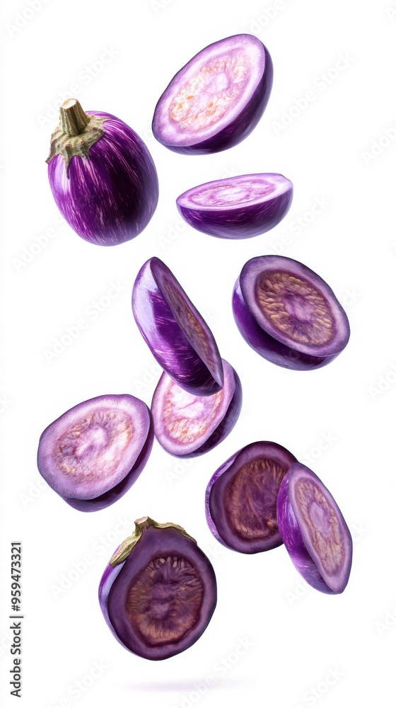 Purple Eggplant Slices Falling on White Background. Purple Eggplant Slices Falling on White Background.
