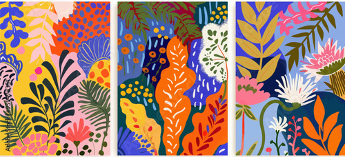 Vibrant and colorful floral and plant illustrations in a row