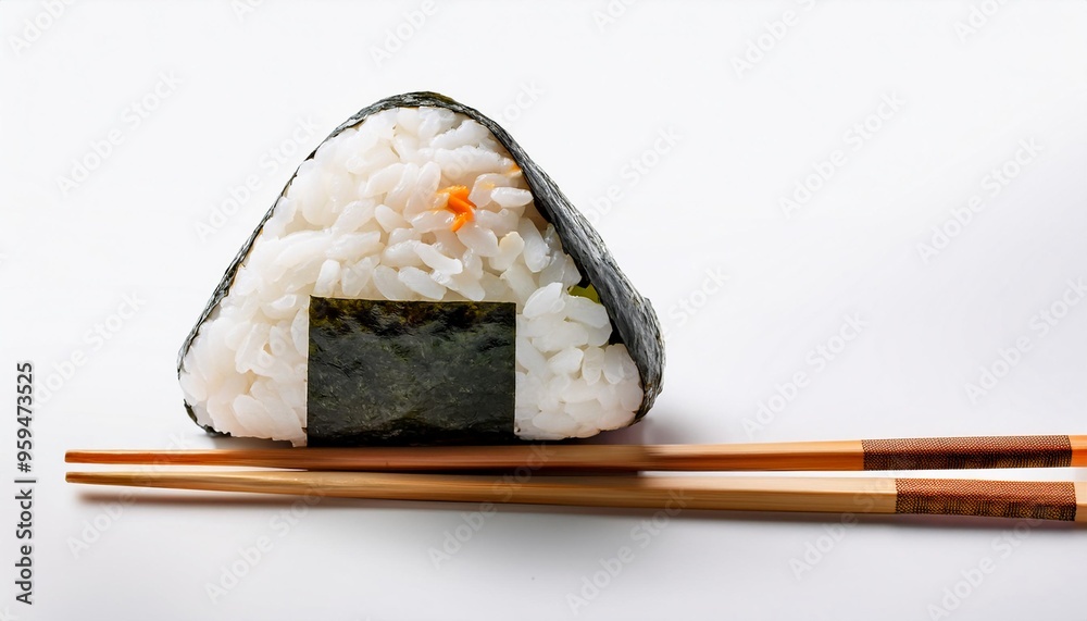 Onigiri with chopsticks on white background isolated Onigiri with chopsticks on white background isolated