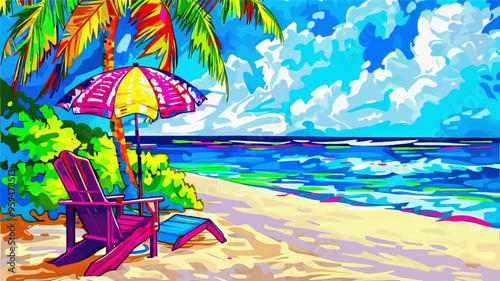 Vibrant Beach Scene with Colorful Umbrella and Chairs