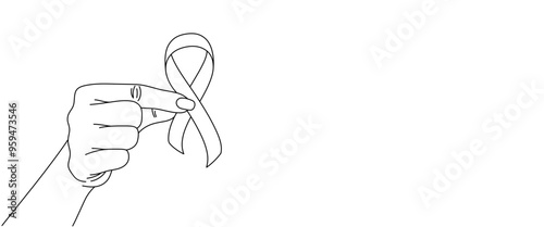 hand holding ribbon, breast cancer logo line art style. element vector breast cancer