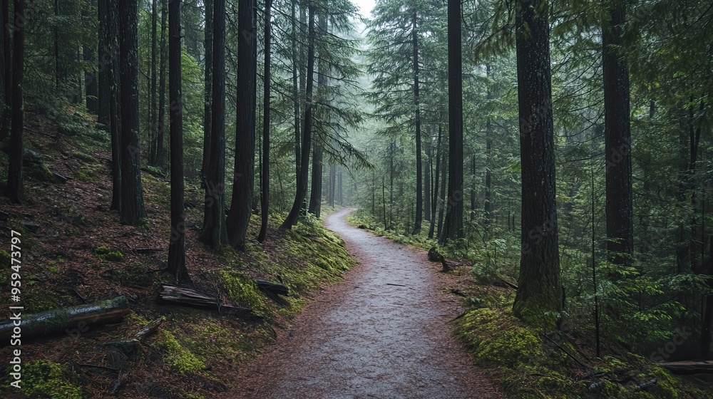 Fototapeta premium A winding path through a dense, misty forest
