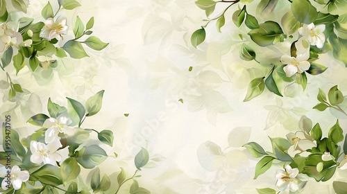 07250736 208. A detailed watercolor painting of jasmine flowers and green leaves forming a frame around a light, airy background, evoking a sense of freshness and new beginnings in spring