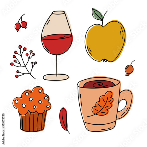 Autumn Delights Enjoying Wine, Fresh Apples, Delicious Cupcakes, and a Cozy Beverage