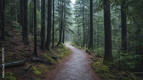 Fototapeta Naklejka Na Ścianę i Meble -  A winding path through a dense, misty forest