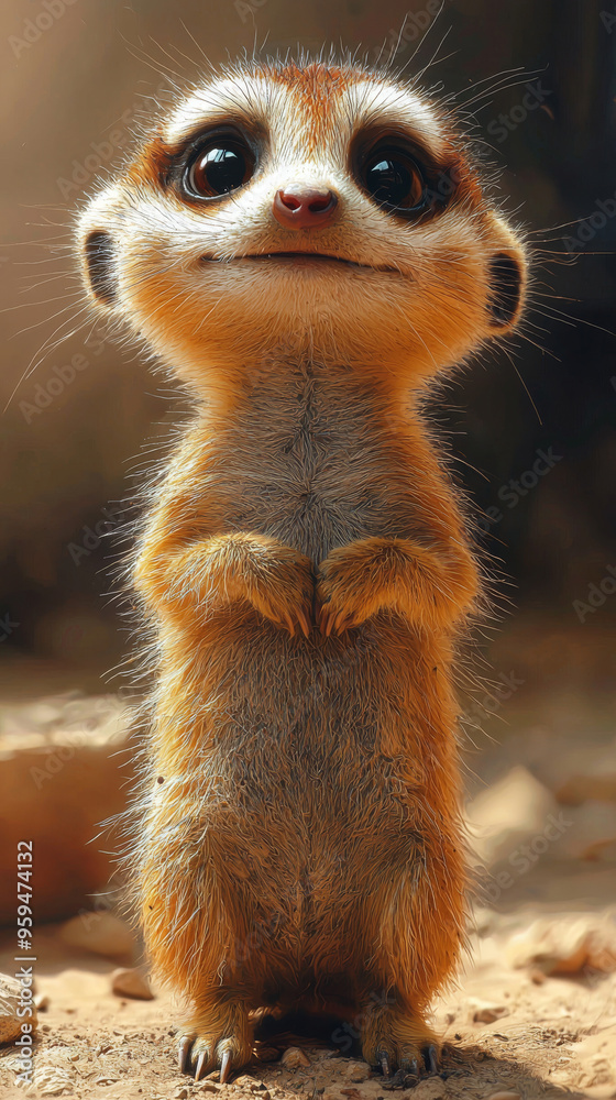 A cute meerkat with big, curious eyes looks directly at the camera, standing tall on its hind legs. A cute meerkat with big, curious eyes looks directly at the camera, standing tall on its hind legs.